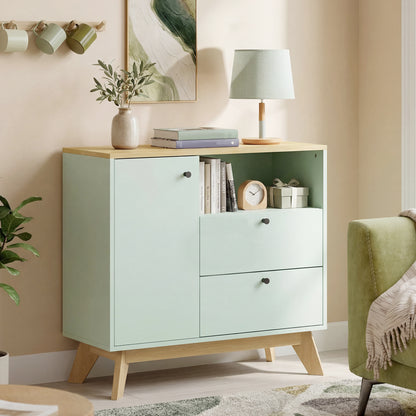 Sideboard, 80 cm Buffet Cabinet with 2 Drawers, Light Green and Oak