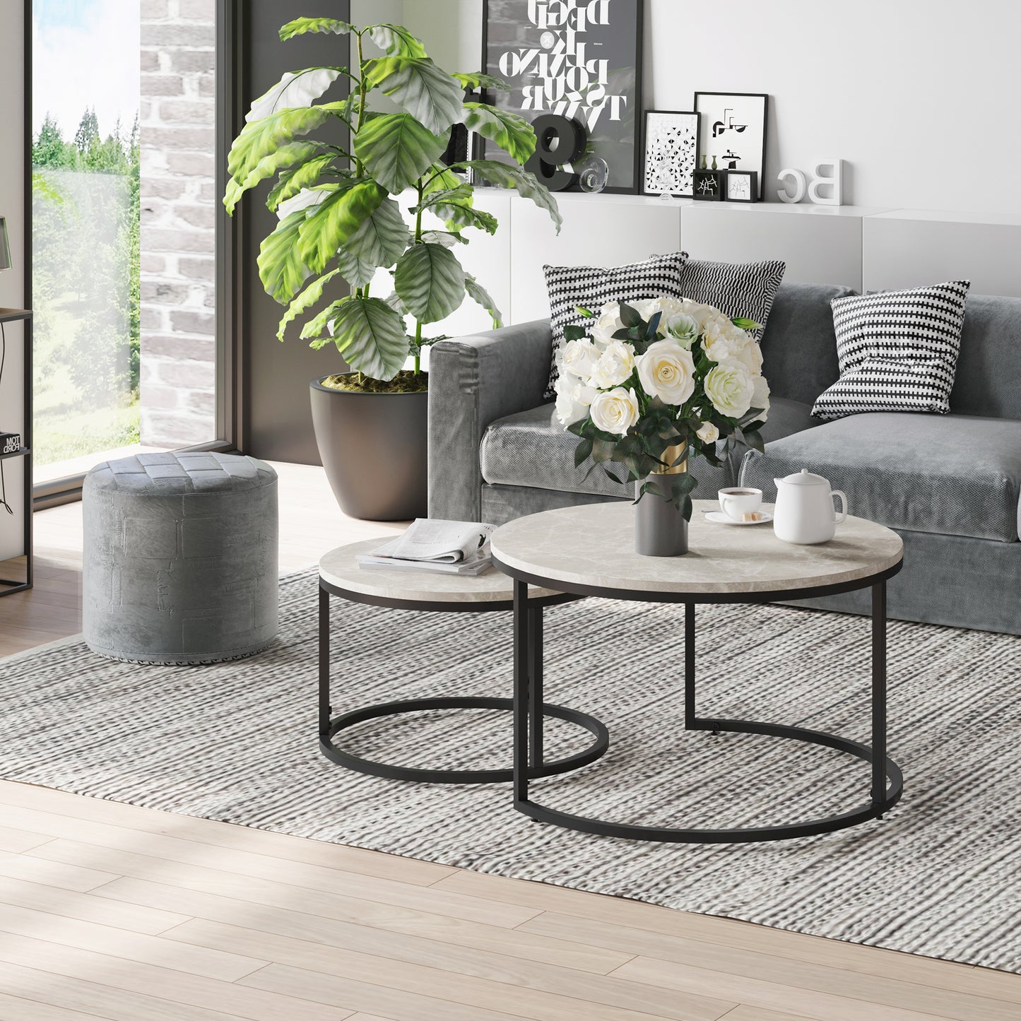 Set of Two Marble-Effect Stacking Tables - Wood Grey