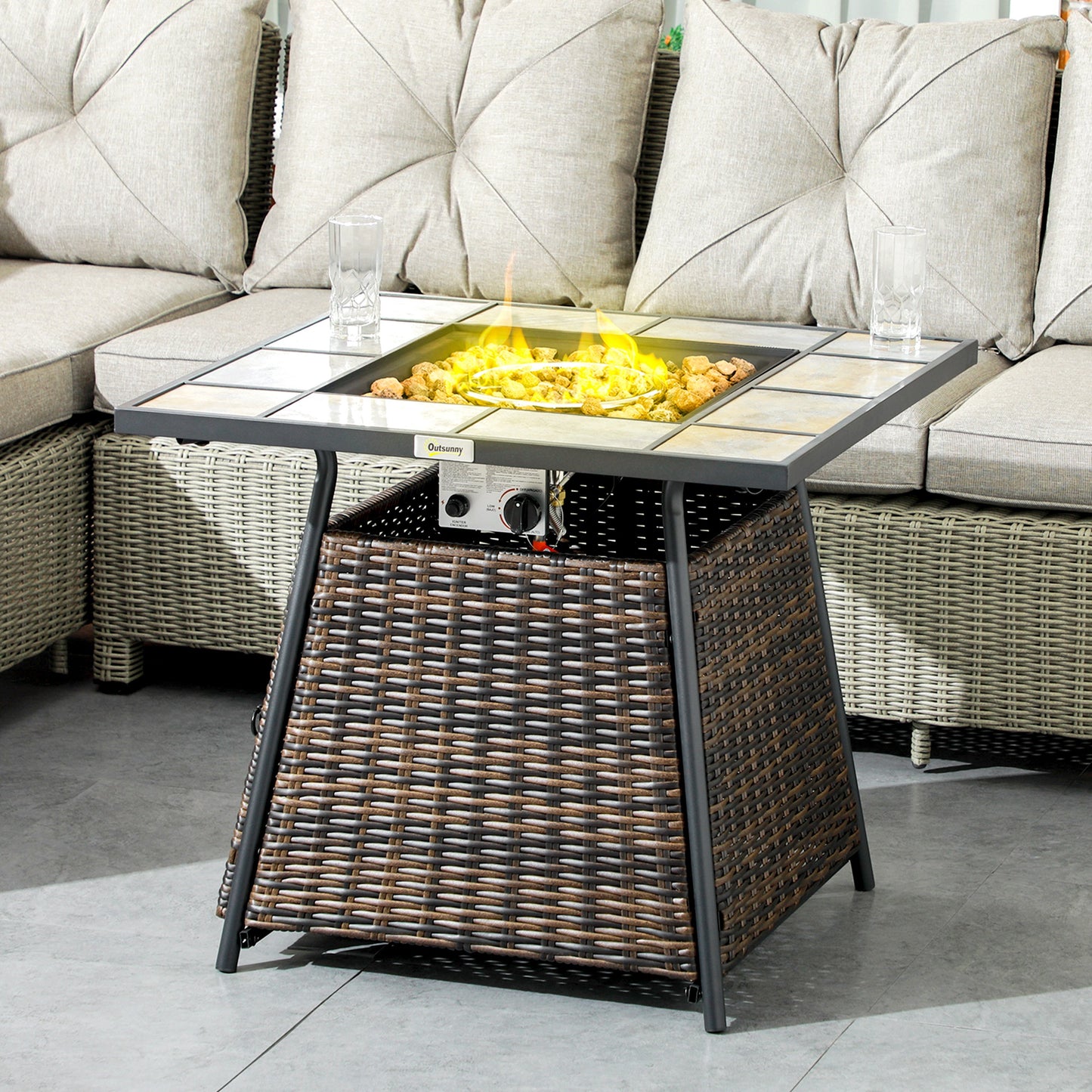 Rattan Fire Pit Table, Outdoor Square Fire Table w/ Control Panel