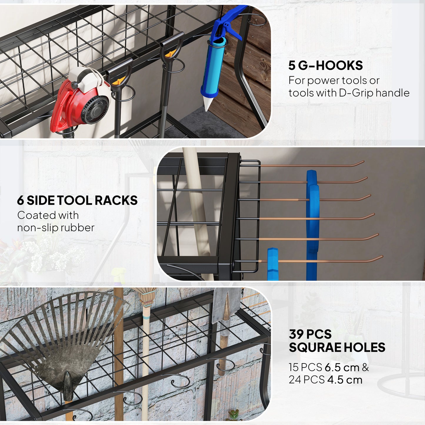 Garden Tool Storage Rack, 3-Tier Garden Tool Rack with 11 Hooks