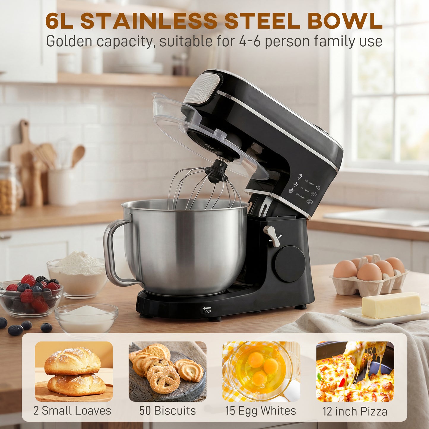 6L 1400W Stand Mixer with 11 Speeds & Fermentation Function, Black