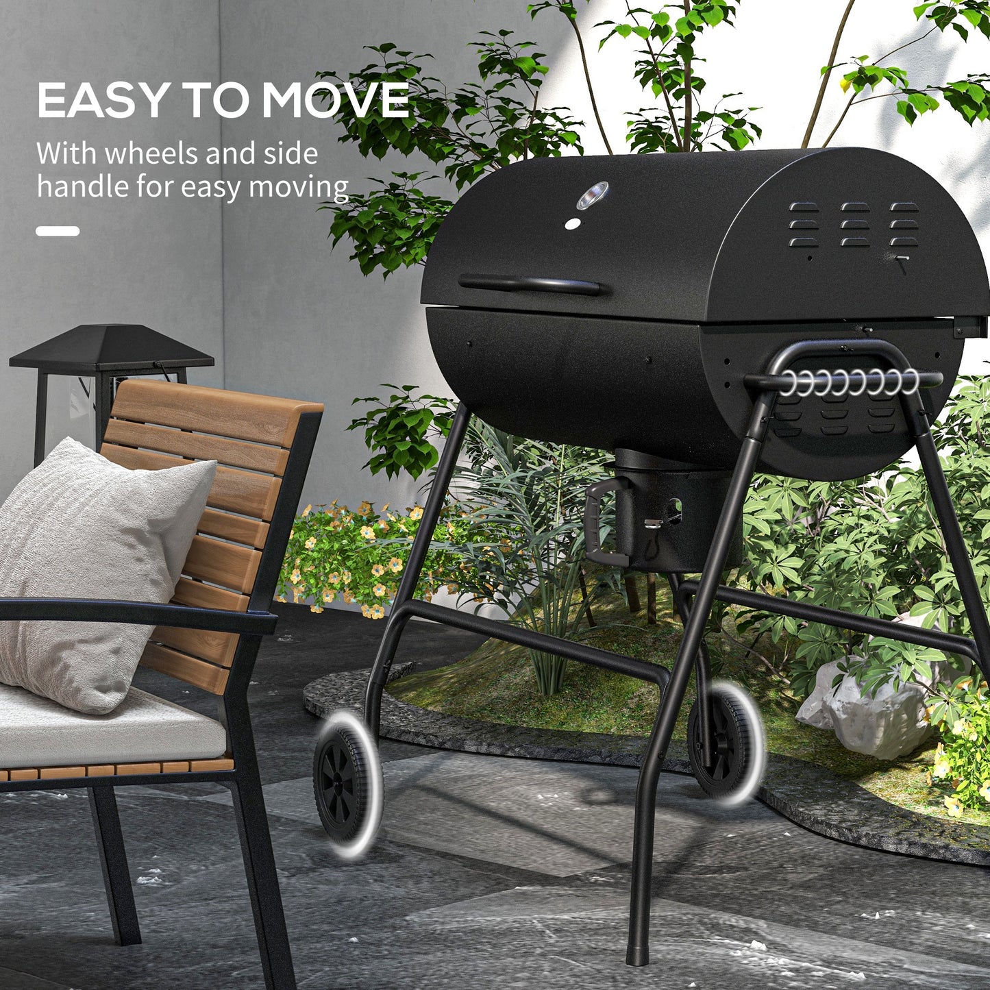 Outdoor Wheeled Barrel Charcoal Barbecue Grill Trolley, Black