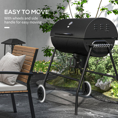 Outdoor Wheeled Barrel Charcoal Barbecue Grill Trolley, Black
