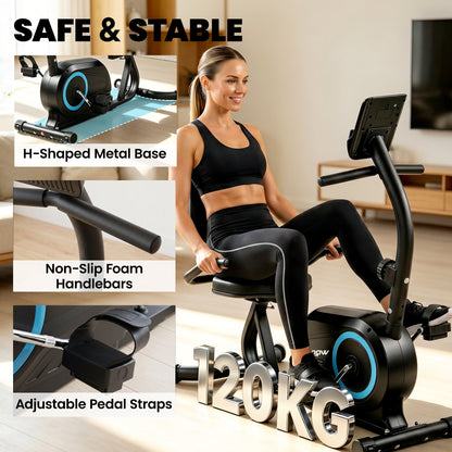 Recumbent Exercise Bike for Home, Indoor Stationary Bike for Seniors with Bluetooth, App Connectivity, 8-Level Magnetic Resistance, LCD Display, Pulse Sensors, Adjustable Seat and Wheels