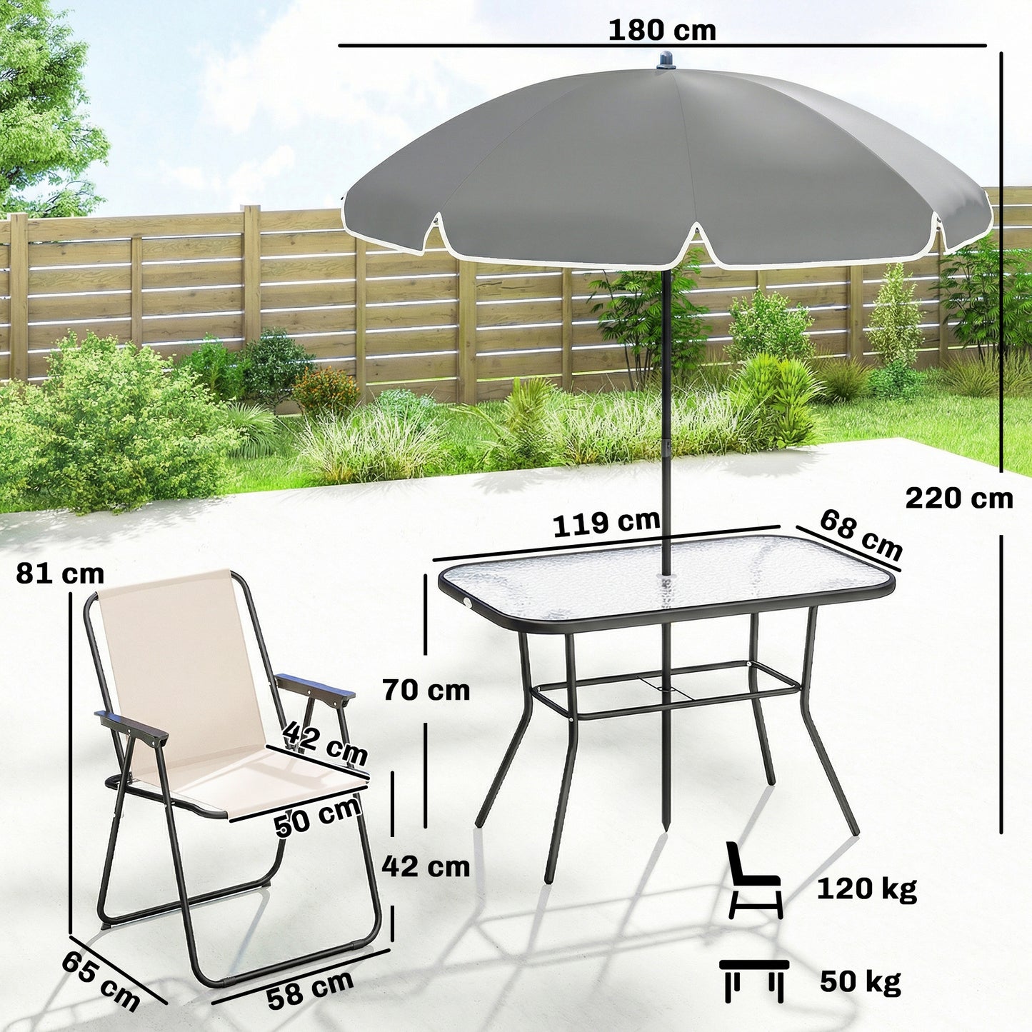8 Piece Garden Dining Set with 6 Folding Chairs and Umbrella, Cream