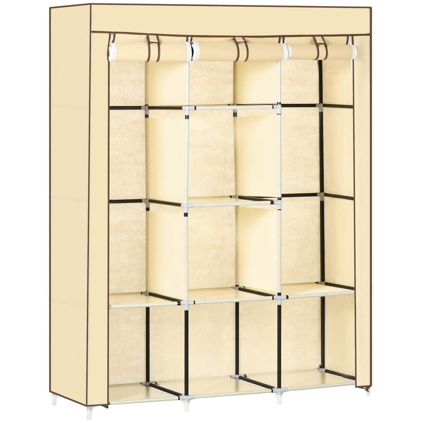 Fabric Portable Wardrobe with 8 Shelves 2 Hanging Rails, Beige