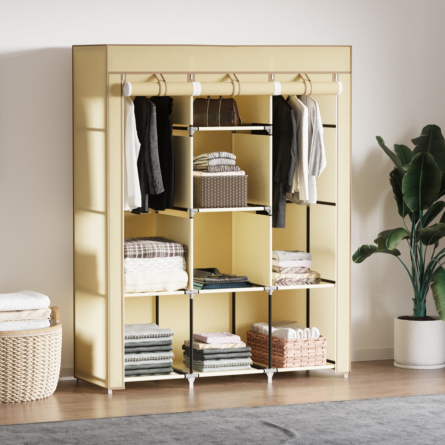 Fabric Portable Wardrobe with 8 Shelves 2 Hanging Rails, Beige