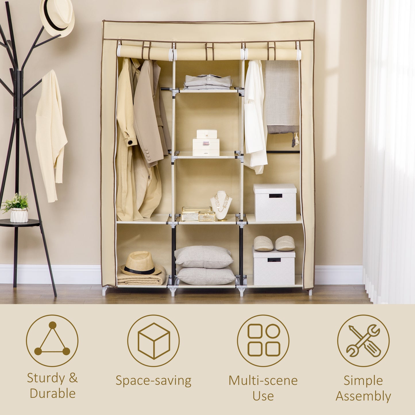 Fabric Portable Wardrobe with 8 Shelves 2 Hanging Rails, Beige