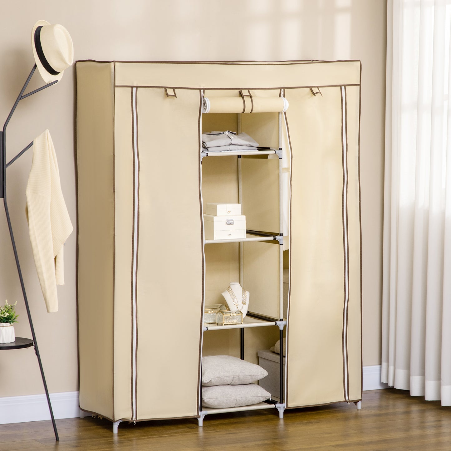 Fabric Portable Wardrobe with 8 Shelves 2 Hanging Rails, Beige