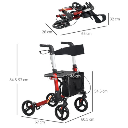 Folding Rollator Walker Frame with Seat and Backrest, Lightweight Frame with Storage bag & dual brakes - Red