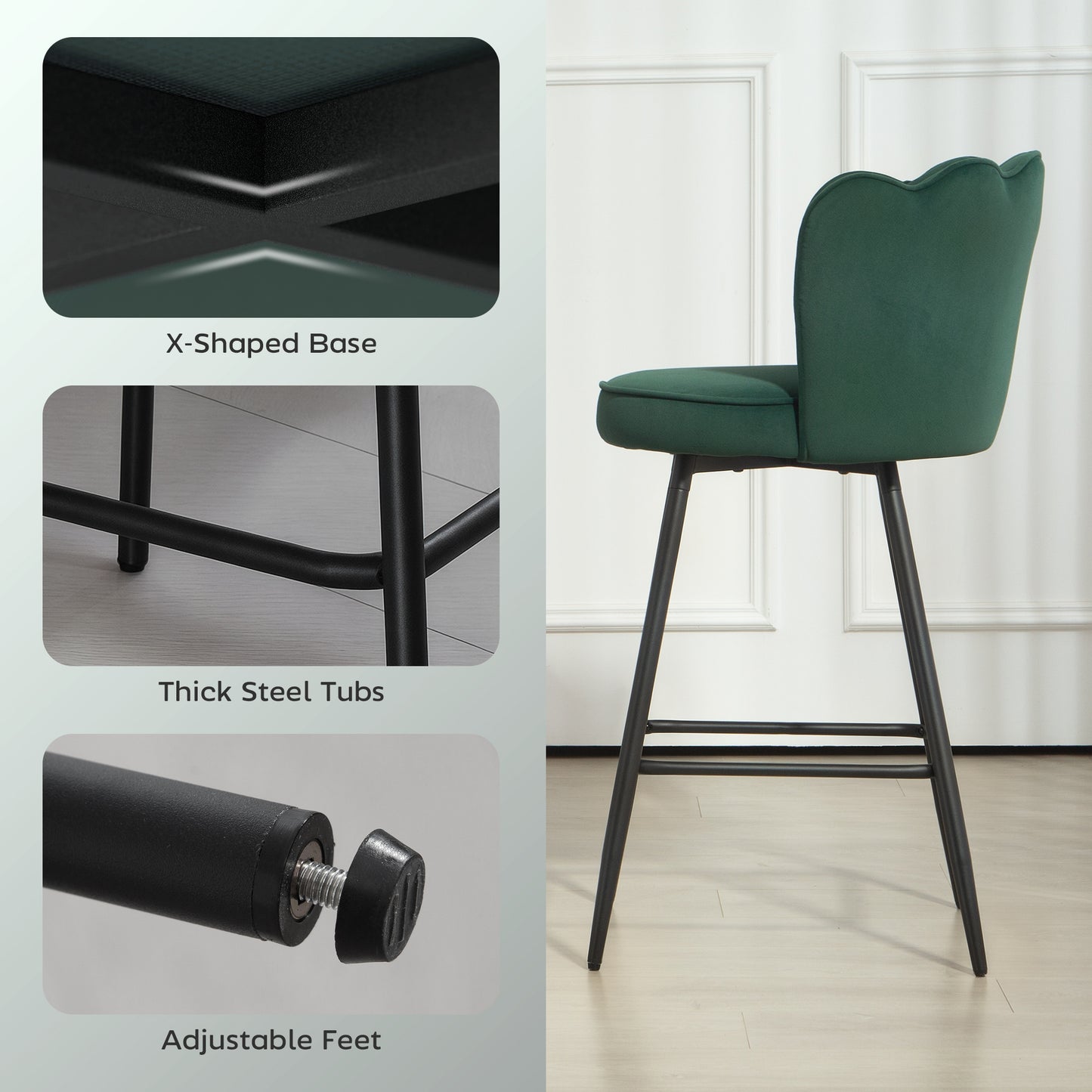 Set of 2 Barstools with Petal Backrest for Kitchen Island Dark Green