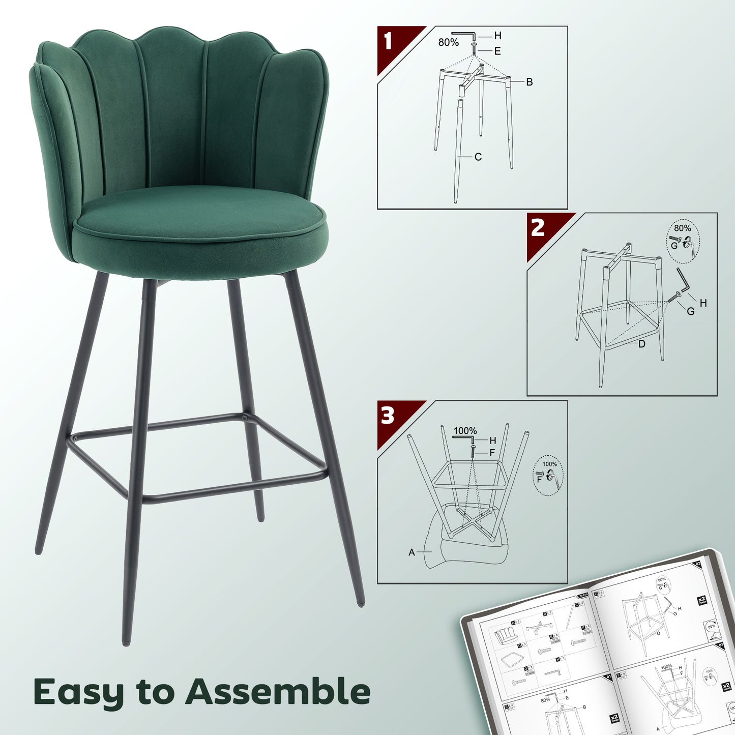Set of 2 Barstools with Petal Backrest for Kitchen Island Dark Green