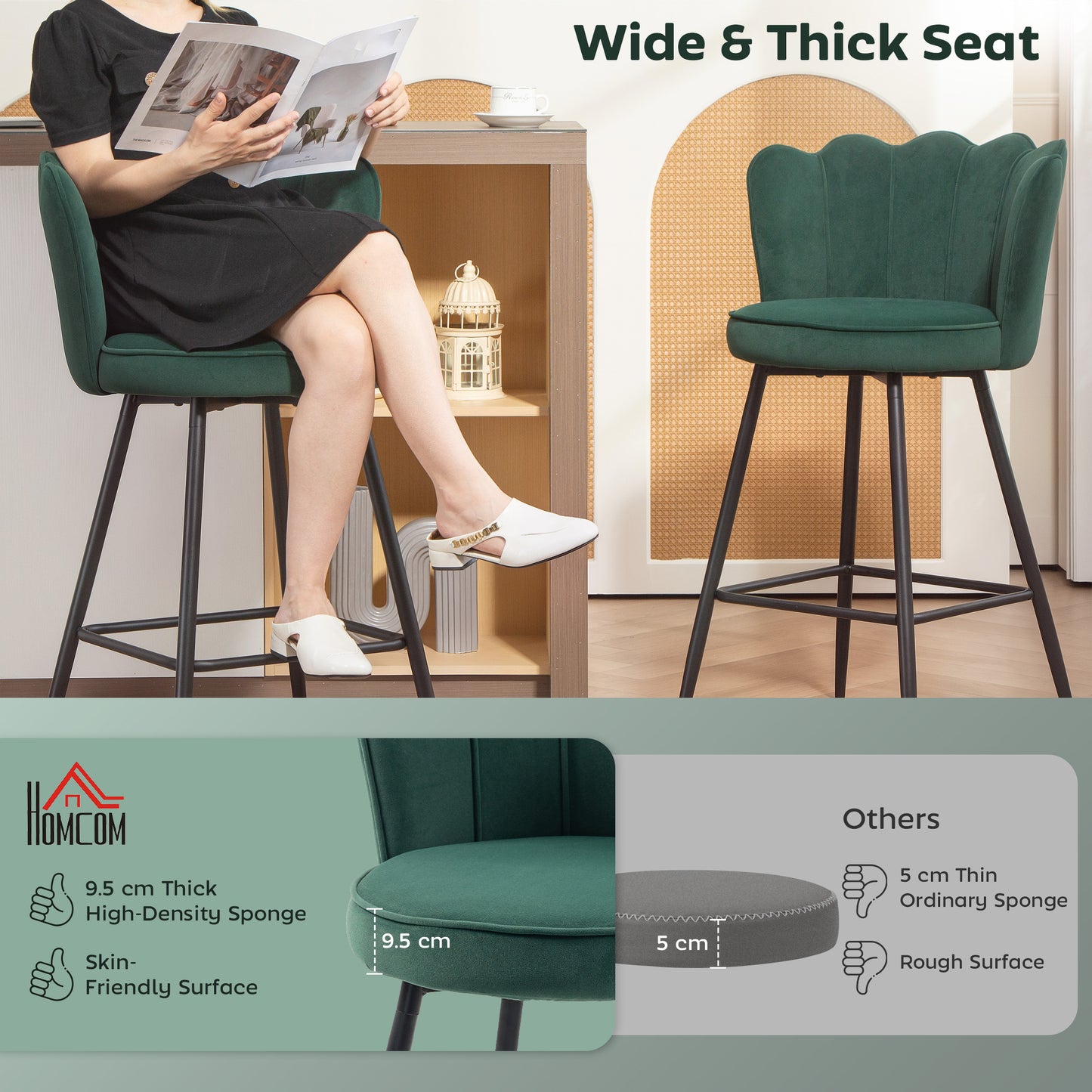 Set of 2 Barstools with Petal Backrest for Kitchen Island Dark Green