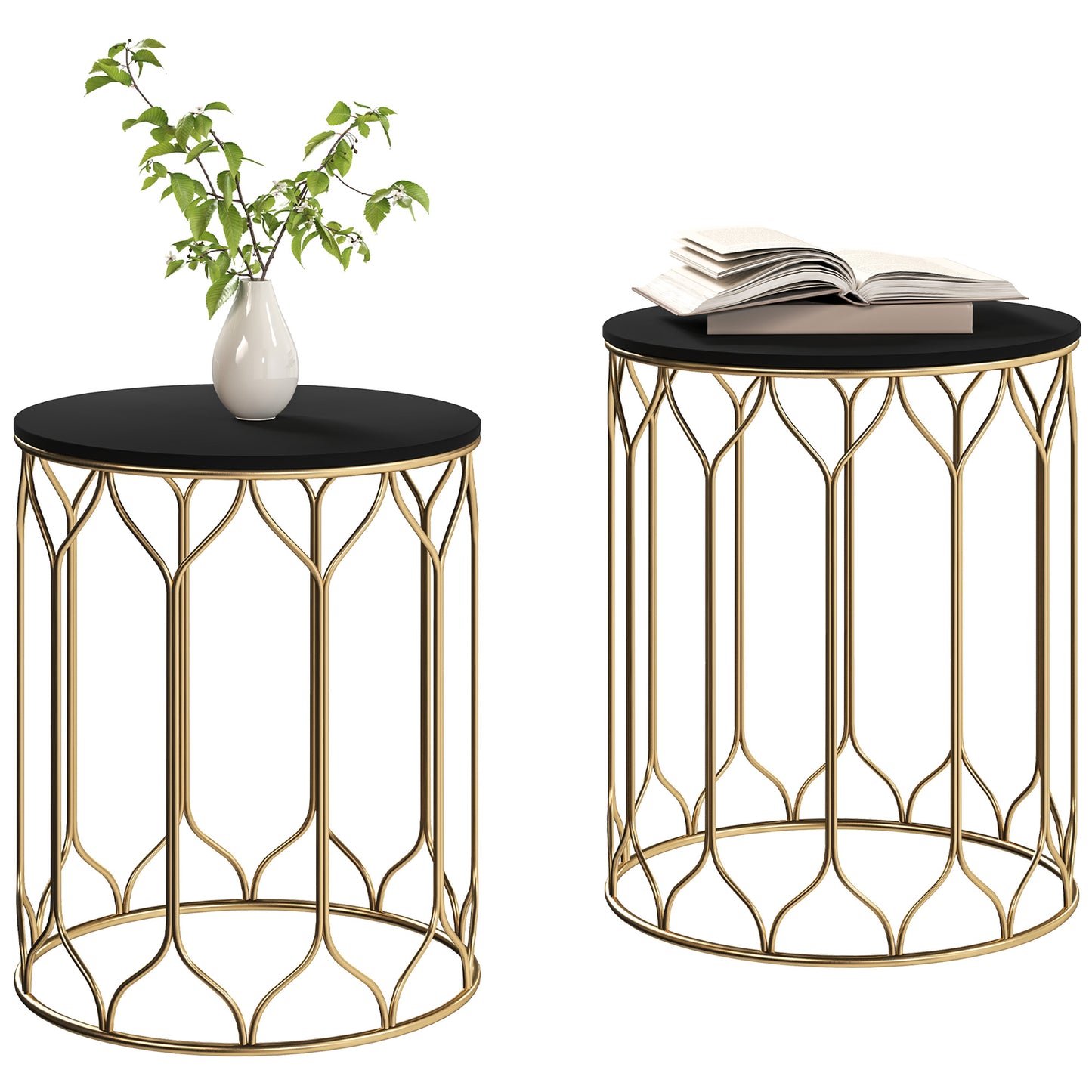 Nesting Tables Set of 2, Marble Effect Side Tables, Black
