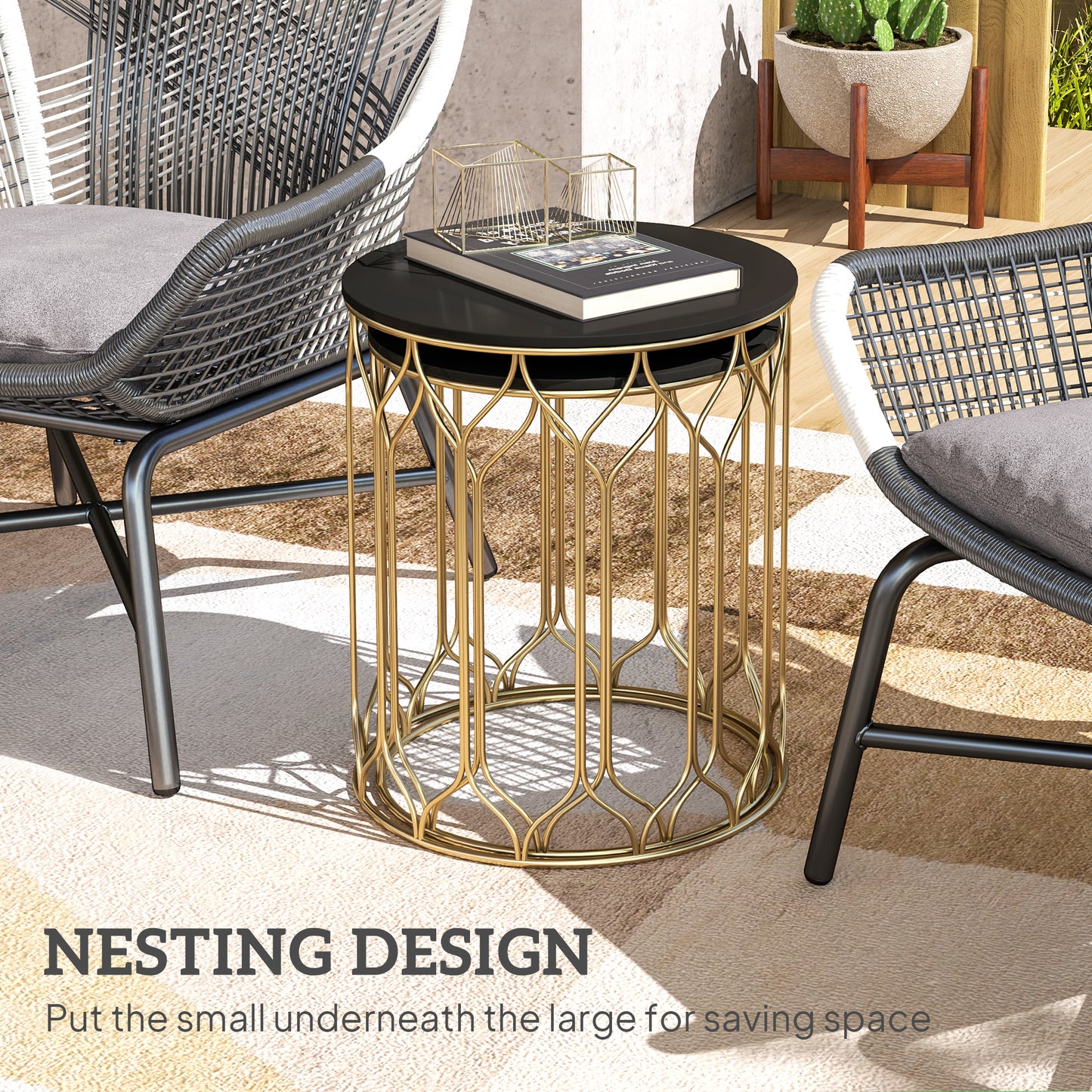 Nesting Tables Set of 2, Marble Effect Side Tables, Black