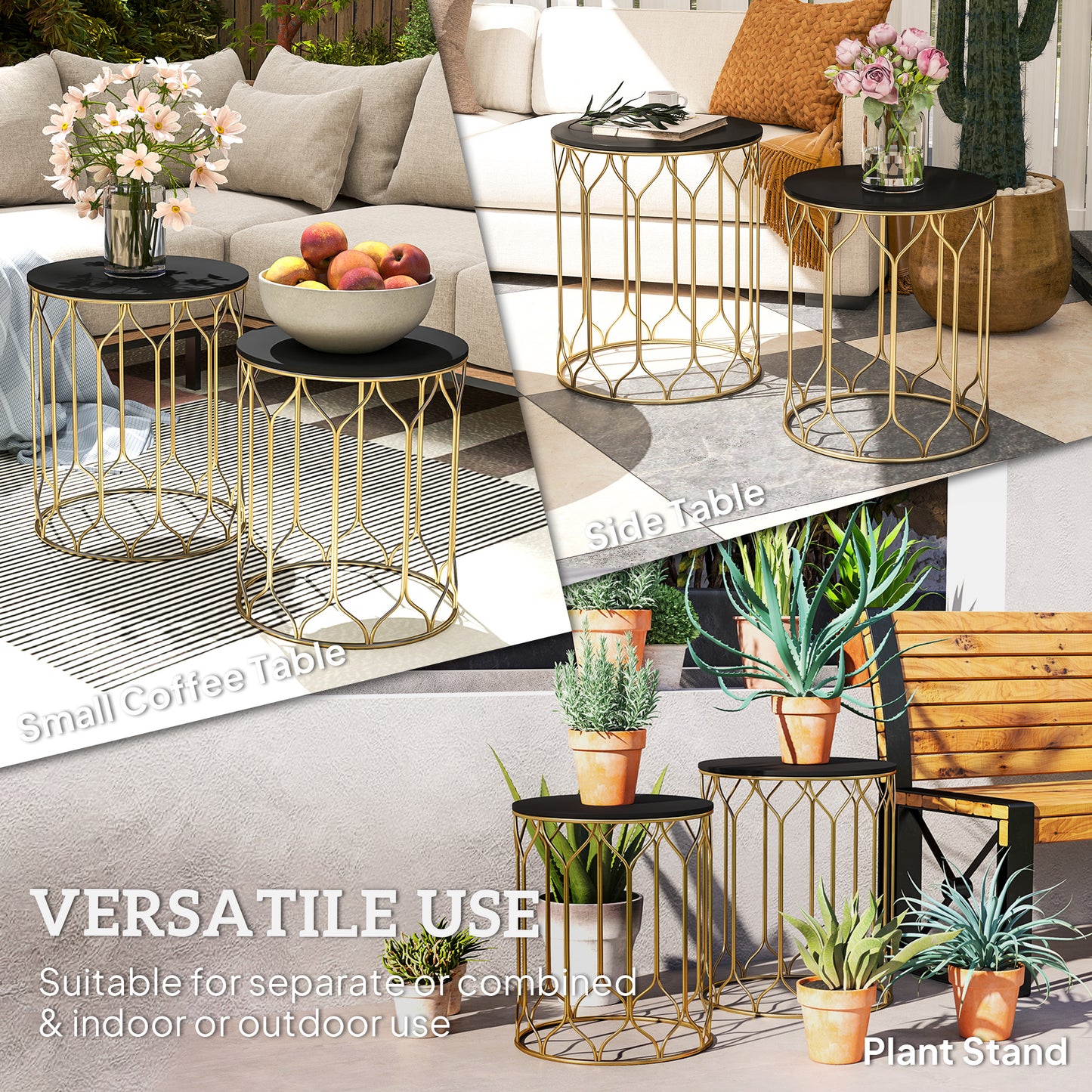 Nesting Tables Set of 2, Marble Effect Side Tables, Black