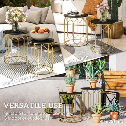 Nesting Tables Set of 2, Marble Effect Side Tables, Black