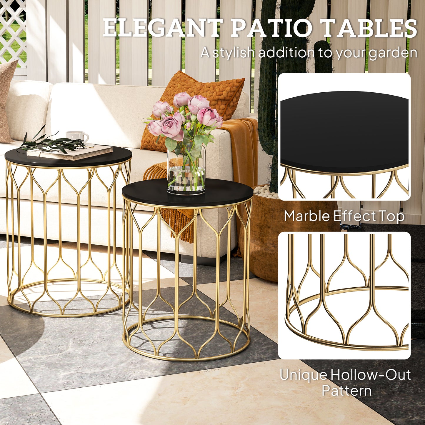 Nesting Tables Set of 2, Marble Effect Side Tables, Black