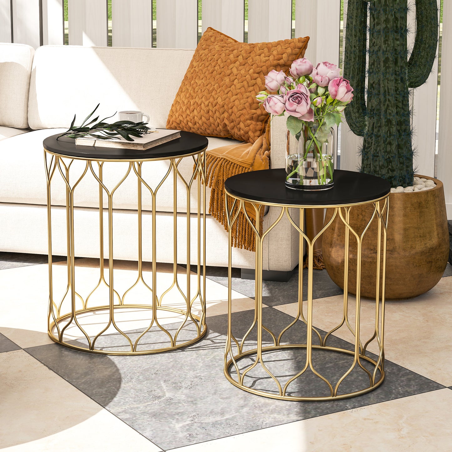 Nesting Tables Set of 2, Marble Effect Side Tables, Black
