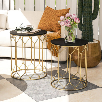 Nesting Tables Set of 2, Marble Effect Side Tables, Black