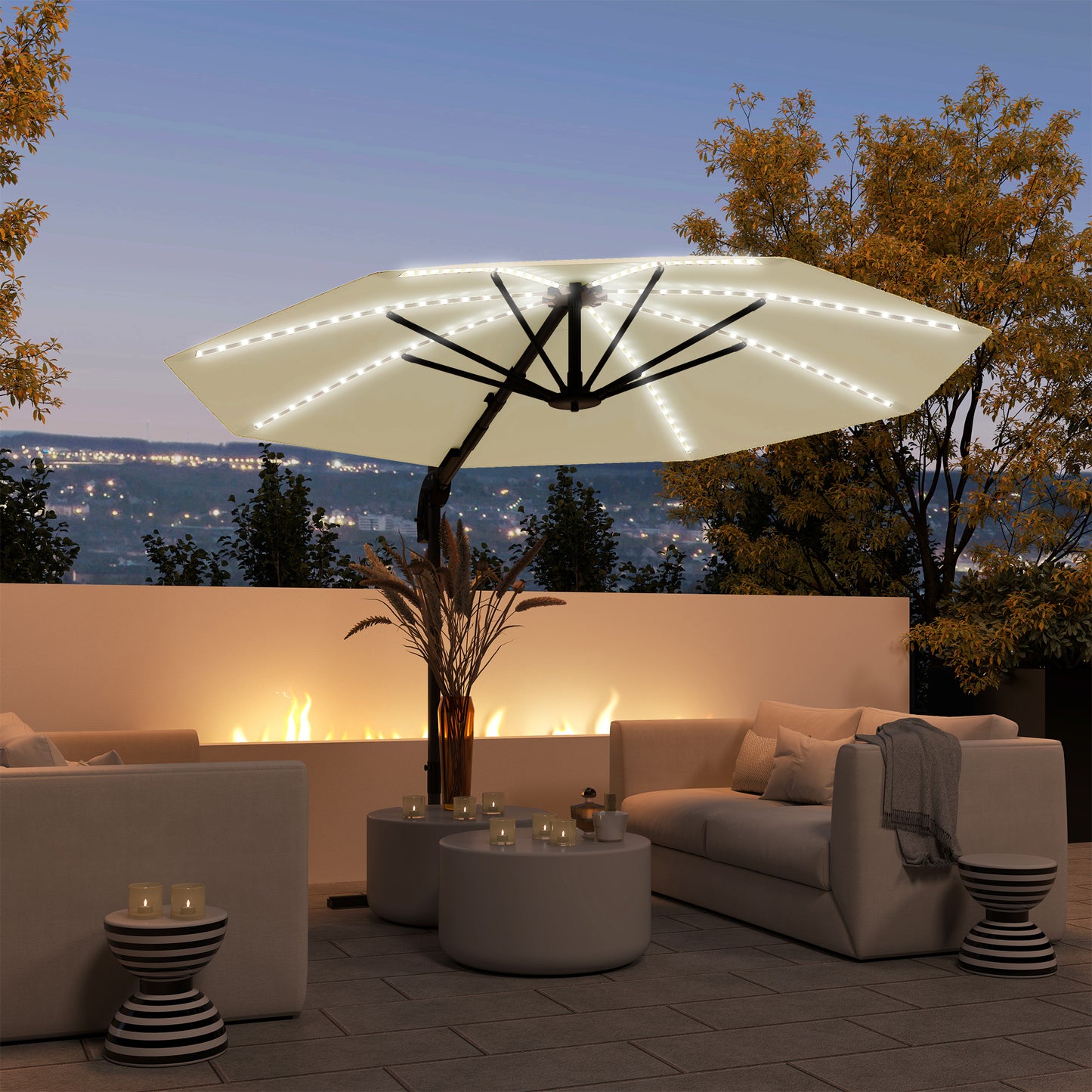 3(m) Garden Parasol w/ Lights, Crank Handle & Cross Base, Cream