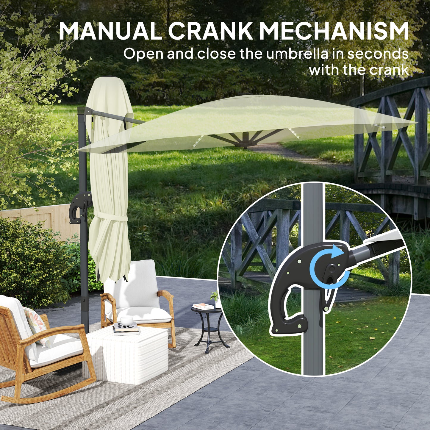3(m) Garden Parasol w/ Lights, Crank Handle & Cross Base, Cream