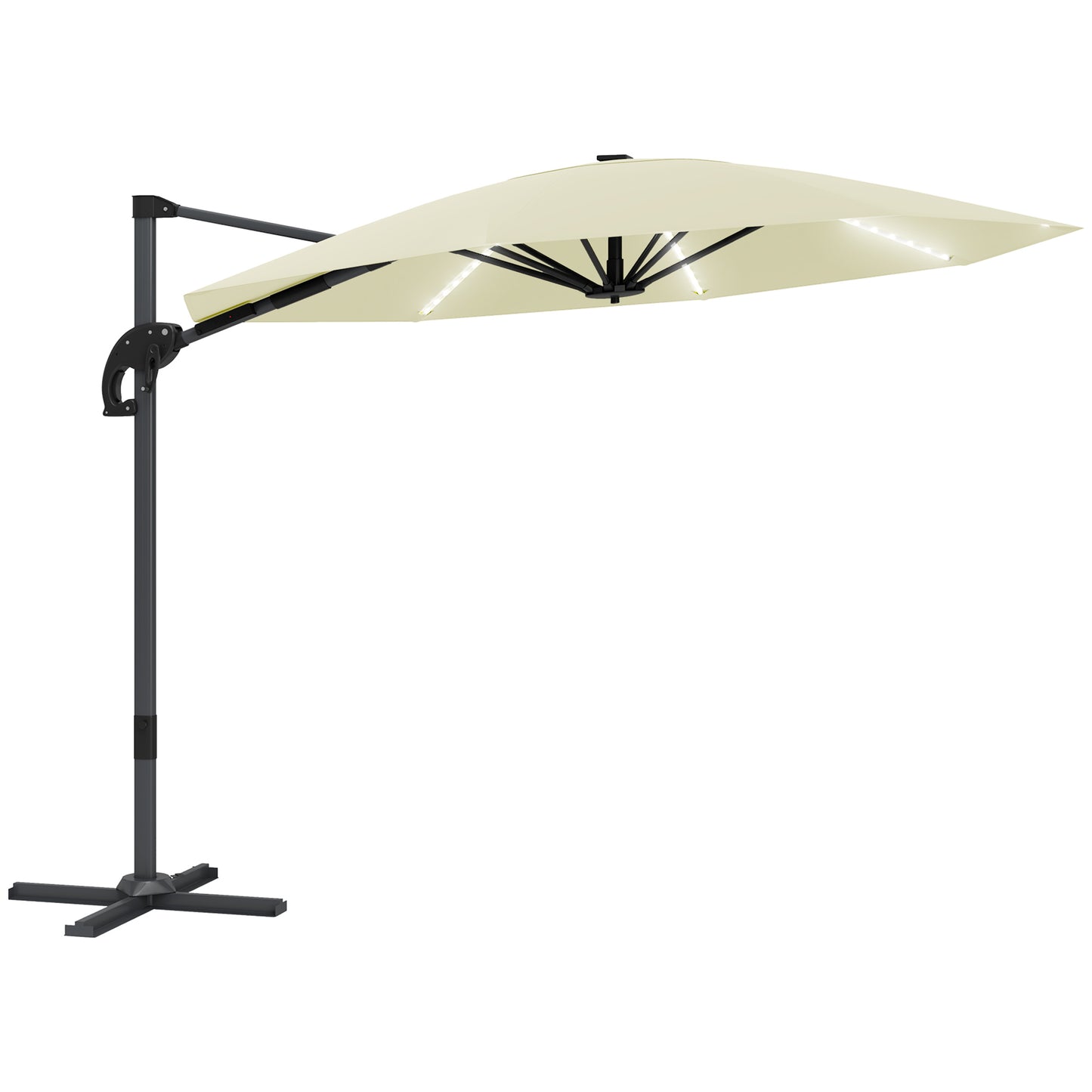 3(m) Garden Parasol w/ Lights, Crank Handle & Cross Base, Cream