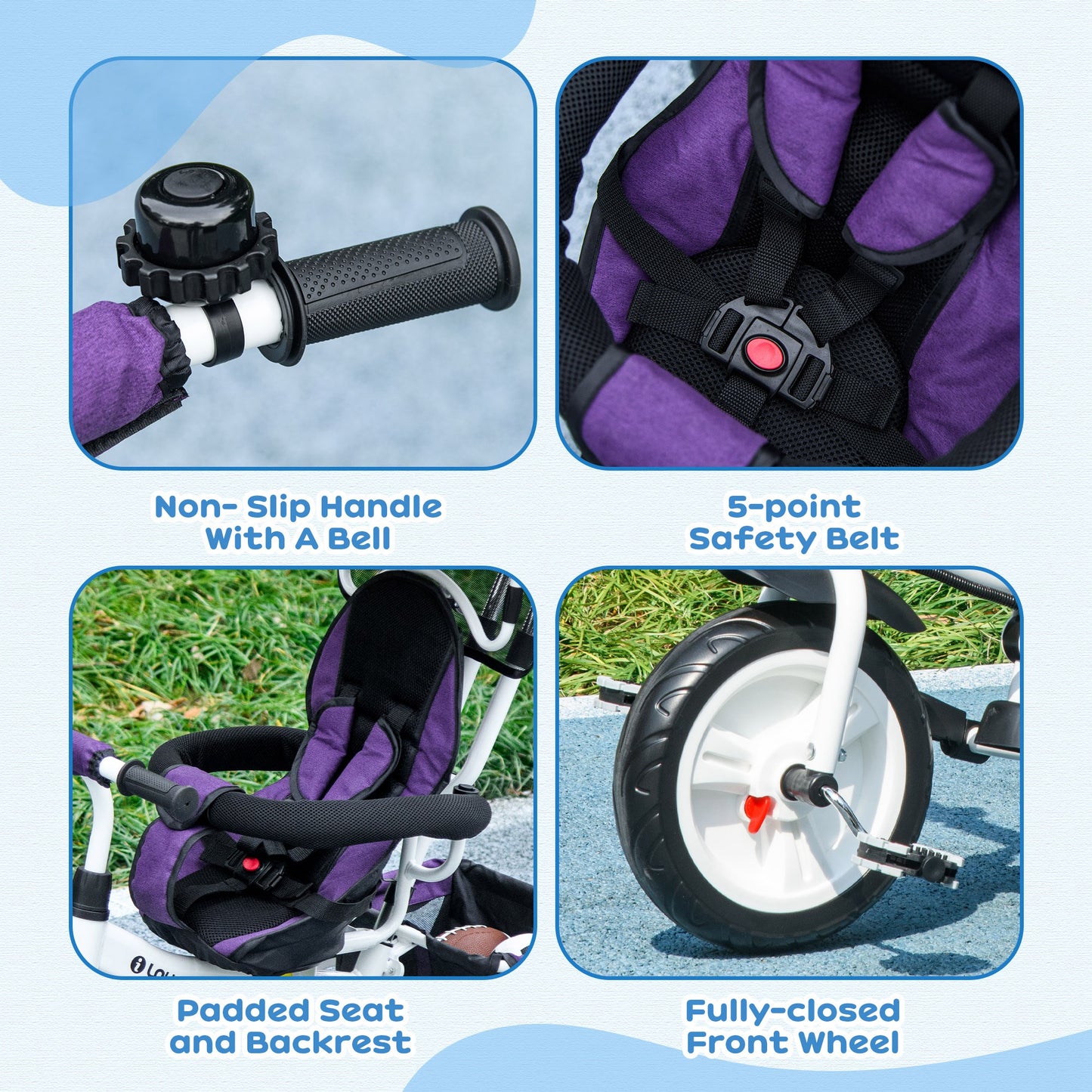 6 in 1 Kids Trike, Stroller with Parent Handle, Purple