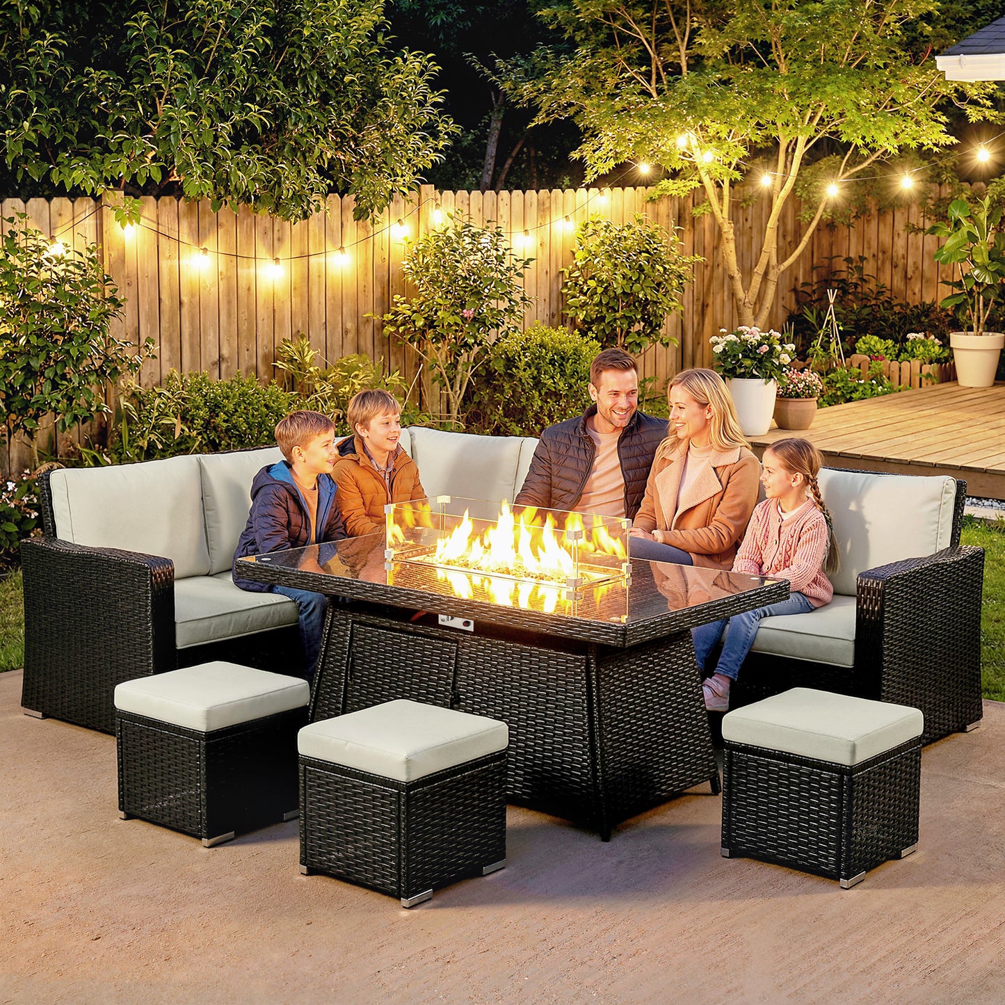 7 Pieces Rattan Garden Furniture Set w/ 50,000 BTU Fire Pit Table Black