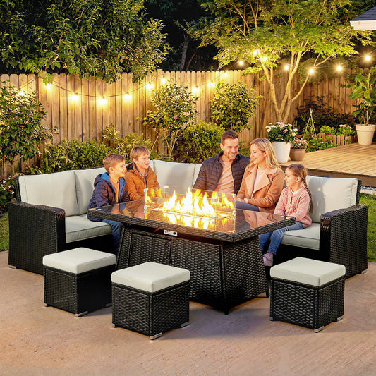 7 Pieces Rattan Garden Furniture Set w/ 50,000 BTU Fire Pit Table Black