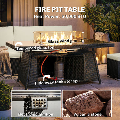 7 Pieces Rattan Garden Furniture Set w/ 50,000 BTU Fire Pit Table Black