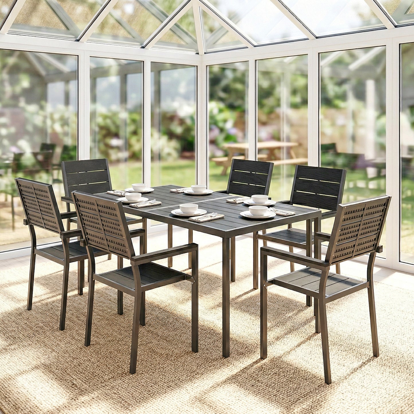 7 Pieces Outdoor Dining Set, Garden Table and Chairs Set, Black
