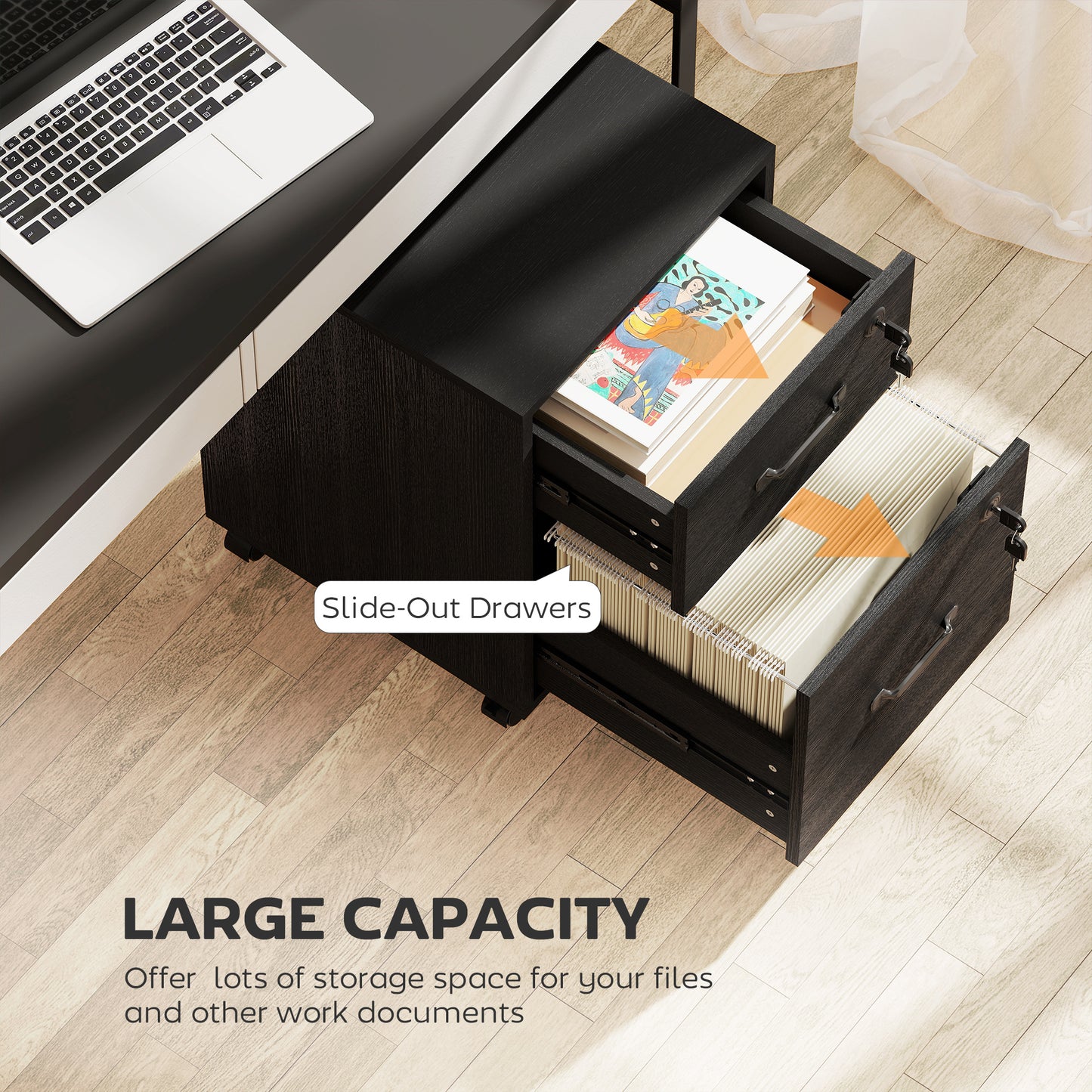 Roll File Cabinet with Drawer, Organiser Letter Size, Black