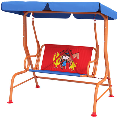 Two Seater Kids Garden Swing, Cowboy Themed kids Swing Chair with Adjustable Canopy, Safety Belts for Outdoor Use