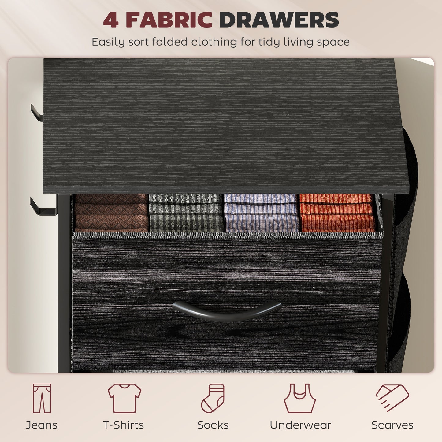 Fabric Chest of Drawers, 4 Drawer Dresser for Bedroom, Black