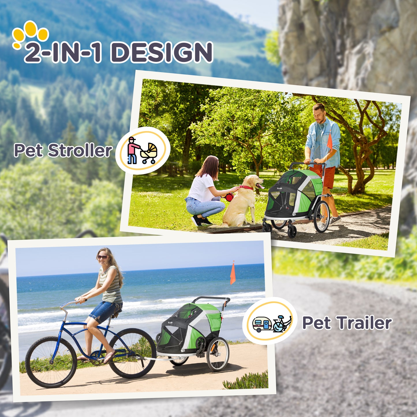 2-in-1 Dog Bicycle Trailer w/ Safety Leash, Reflectors - Orange
