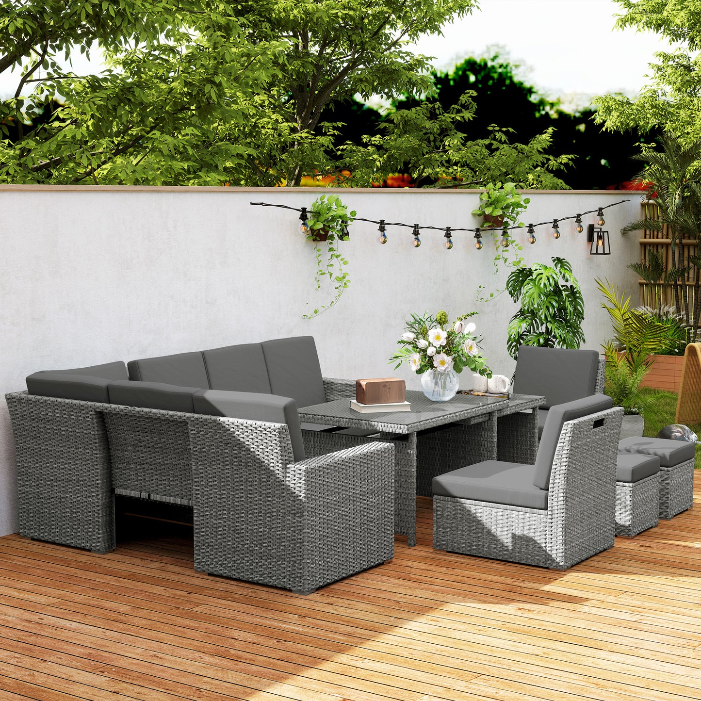 10-Seater Sofa Sectional w/ Cushioned Seat, Footstools and Glass Table