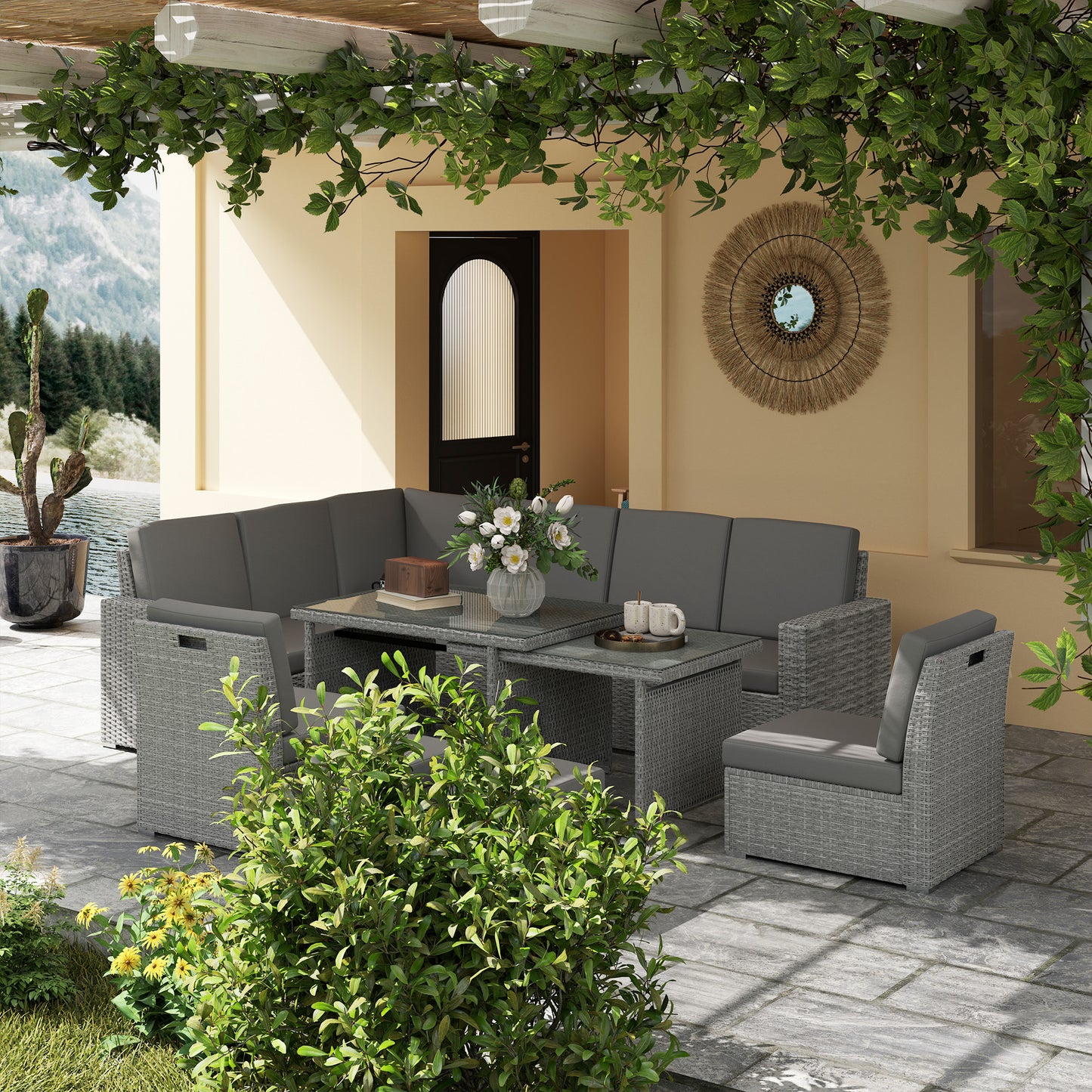 10-Seater Sofa Sectional w/ Cushioned Seat, Footstools and Glass Table