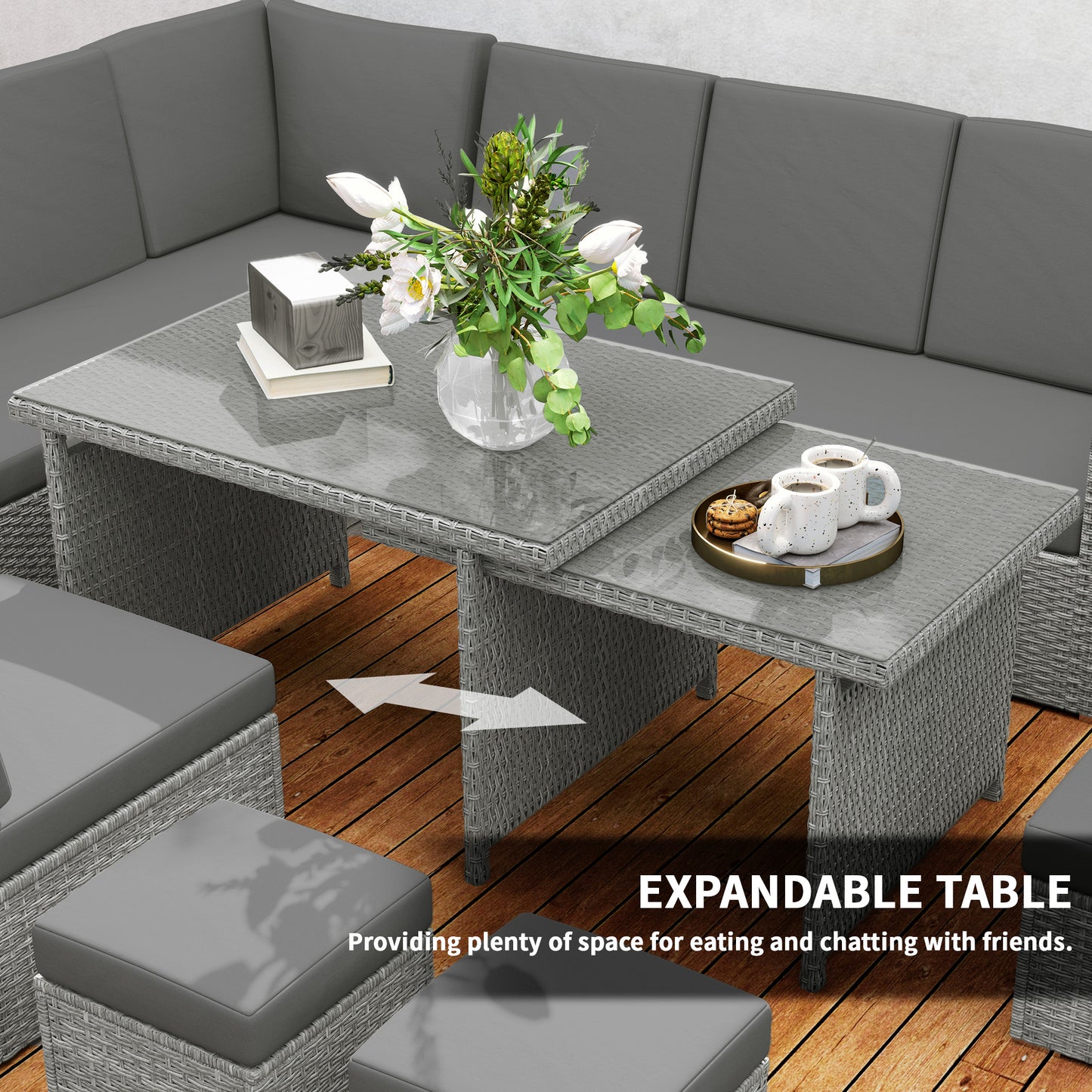 10-Seater Sofa Sectional w/ Cushioned Seat, Footstools and Glass Table