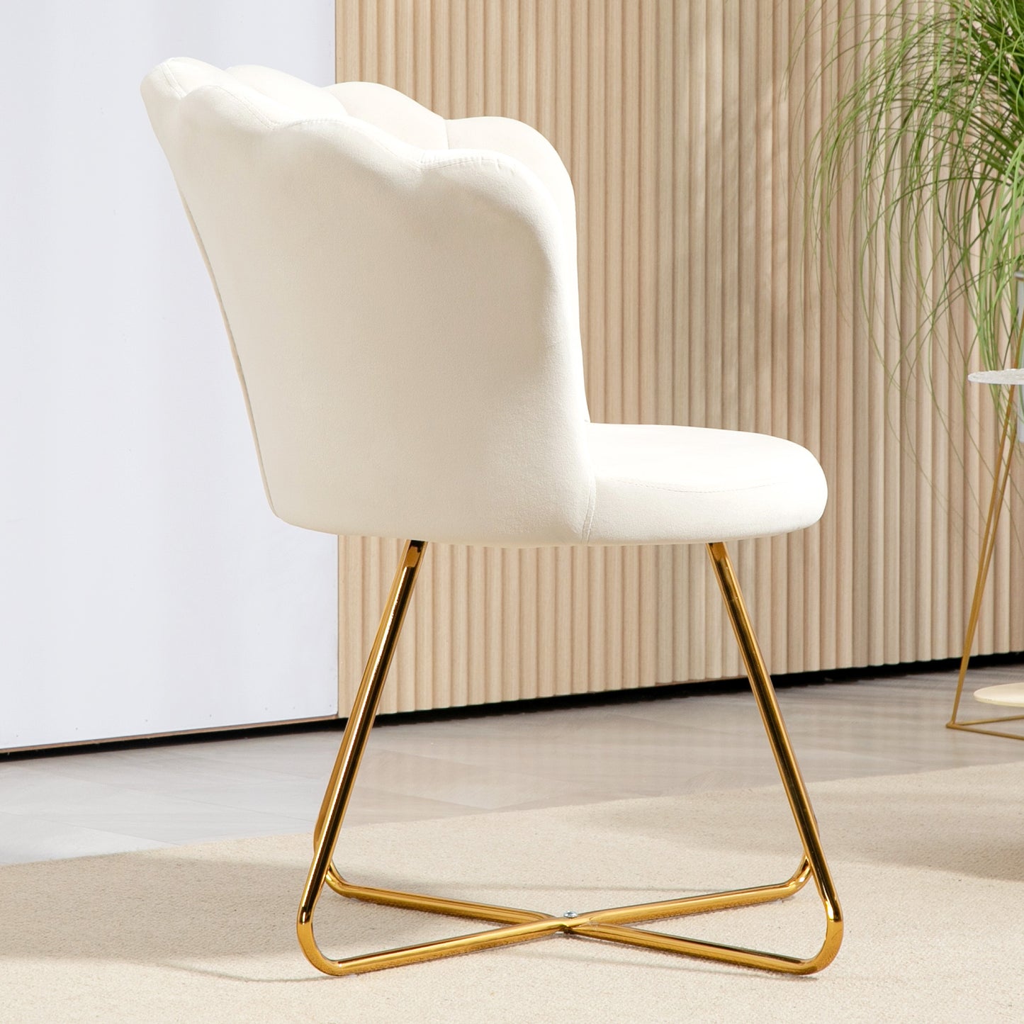 Accent Chair, Velvet Armchair with Lotus Backrest, Steel Legs, Cream