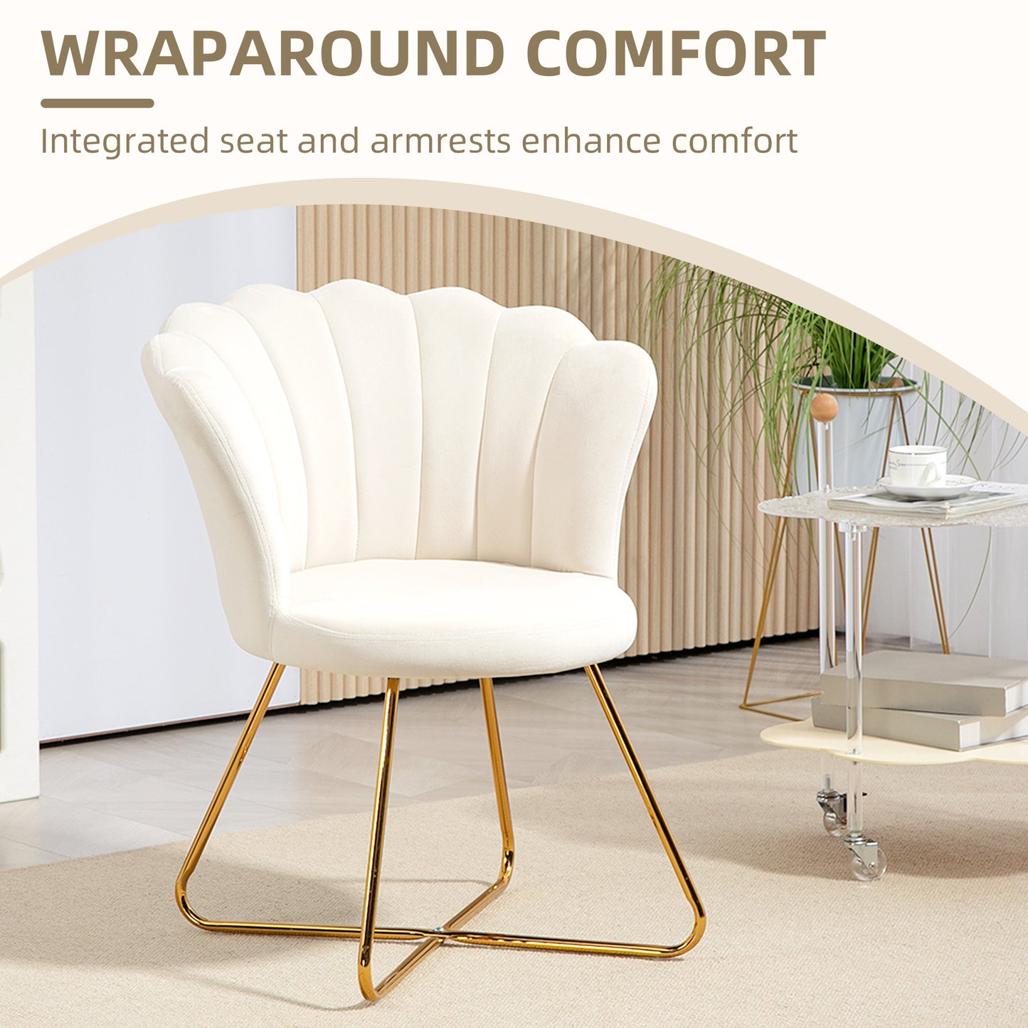 Accent Chair, Velvet Armchair with Lotus Backrest, Steel Legs, Cream