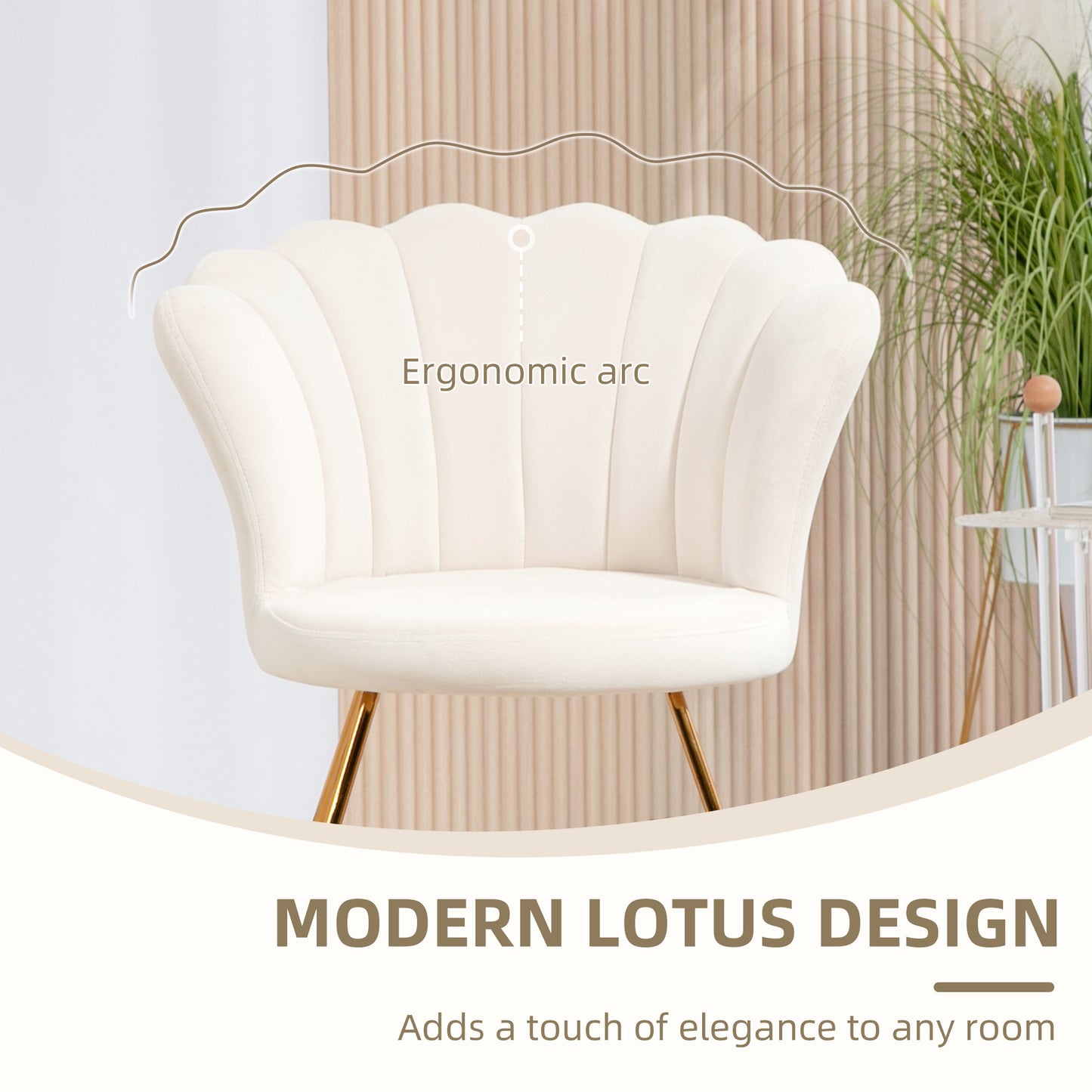 Accent Chair, Velvet Armchair with Lotus Backrest, Steel Legs, Cream