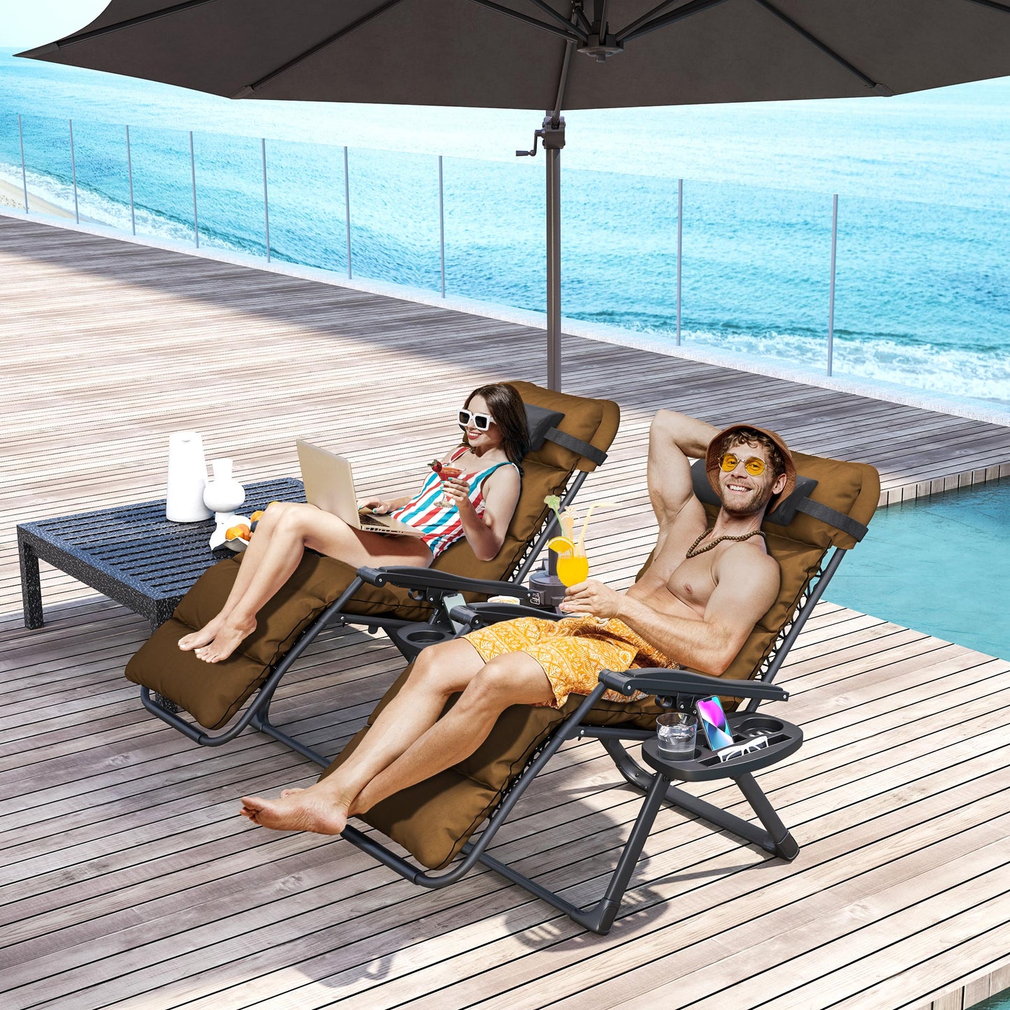 2 Pieces Zero Gravity Chairs, Reclining Folding Sun Lounger, Brown