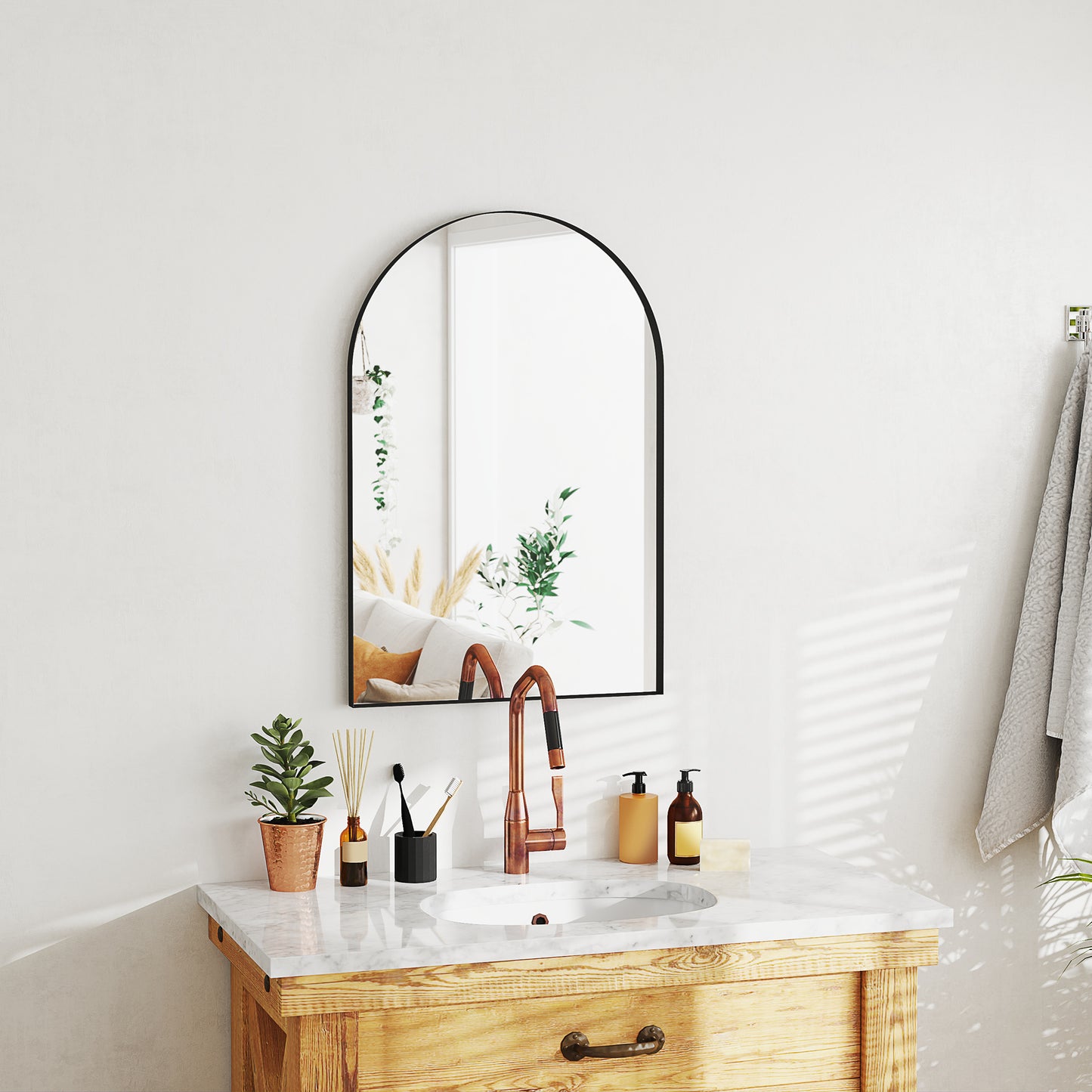 Arch Bathroom Mirror, Modern Wall Mirror with Steel Frame, Black
