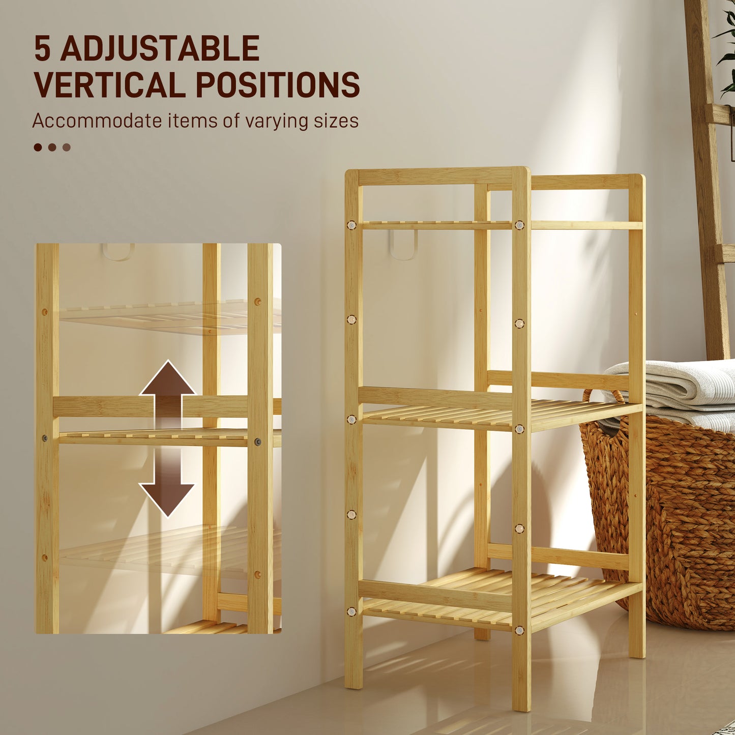 3-Tier Bamboo Bathroom Storage Shelf with Adjustable Rack, Natural