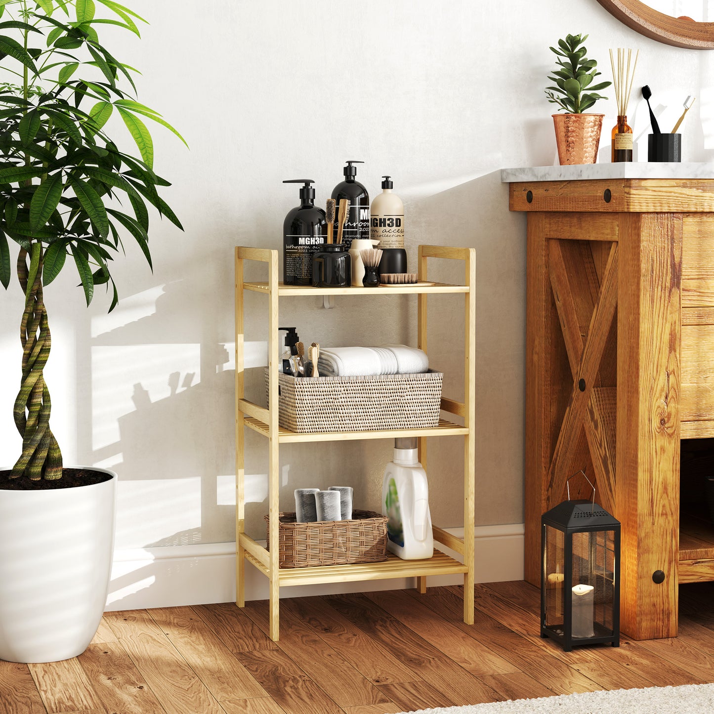 3-Tier Bamboo Bathroom Storage Shelf with Adjustable Rack, Natural