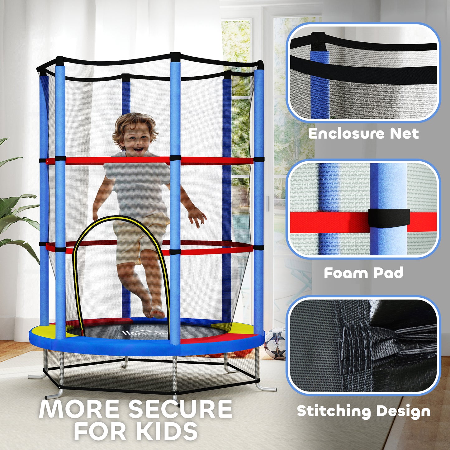 Kids Trampoline, with Enclosure Net, Steel Frame, for Ages 3-6 Years - MultiColoured