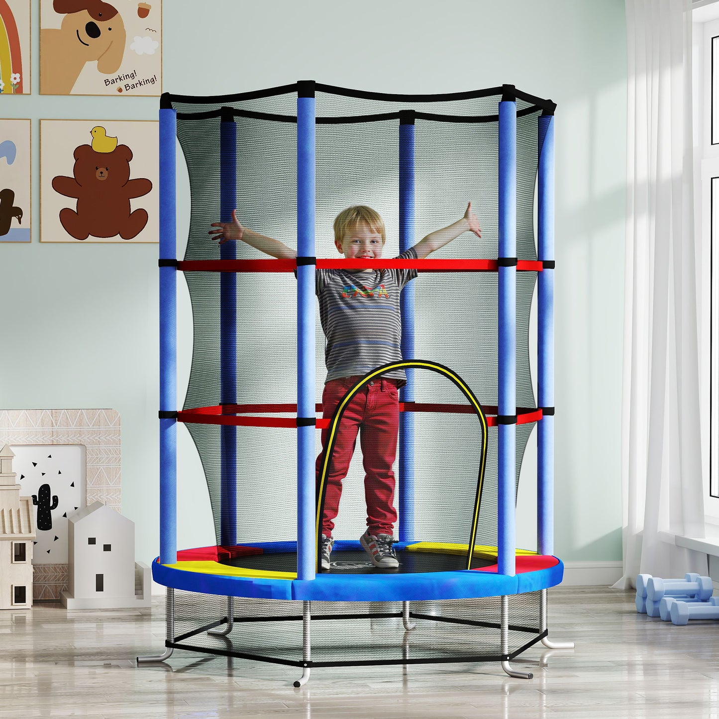 Kids Trampoline, with Enclosure Net, Steel Frame, for Ages 3-6 Years - MultiColoured
