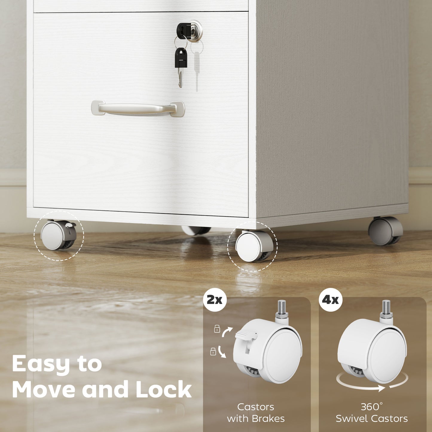 3 Drawer File Cabinet Rolling Filing Cabinet for A4 and Letter White