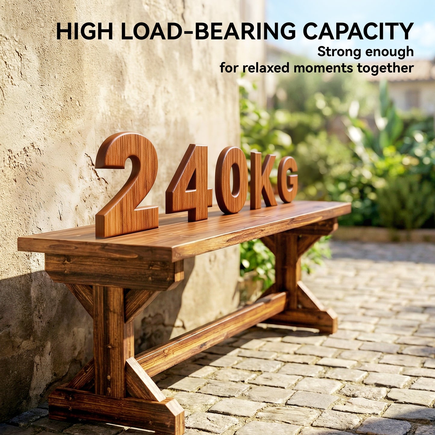 Wooden Garden Bench, Rustic Backless Outdoor Loveseat, Carbonised